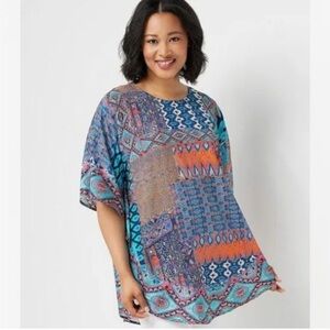Tolani Collection Turquoise Print Tunic Caftan Top Sz LP